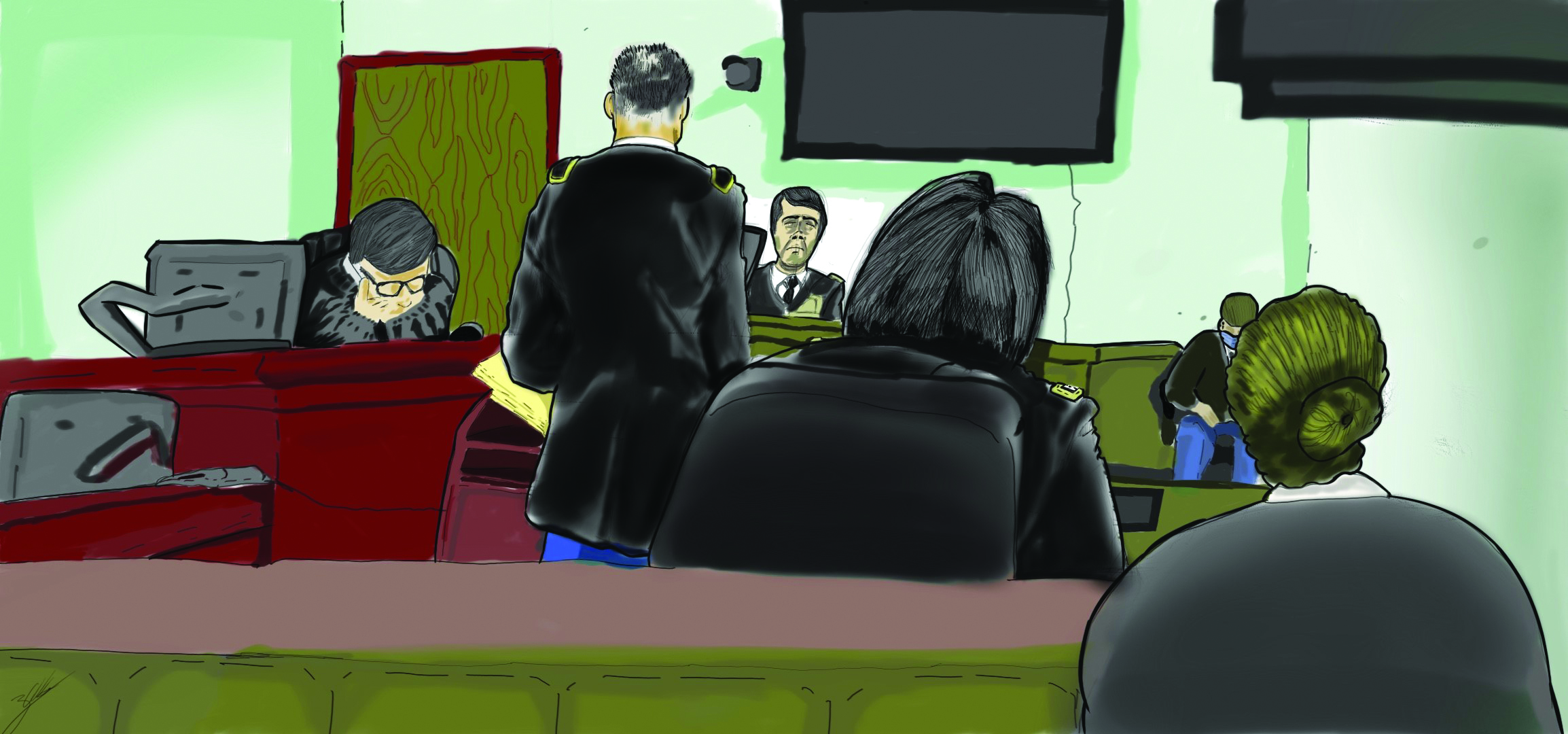 PFC Zanard Allison, 504th MI BDE, sketched a scene from a recent court-martial at Fort Hood, Texas. The SVP, LTC Cormac Smith, was cross-examining the accused while CPT Gabs Lucero looked on as second chair. 